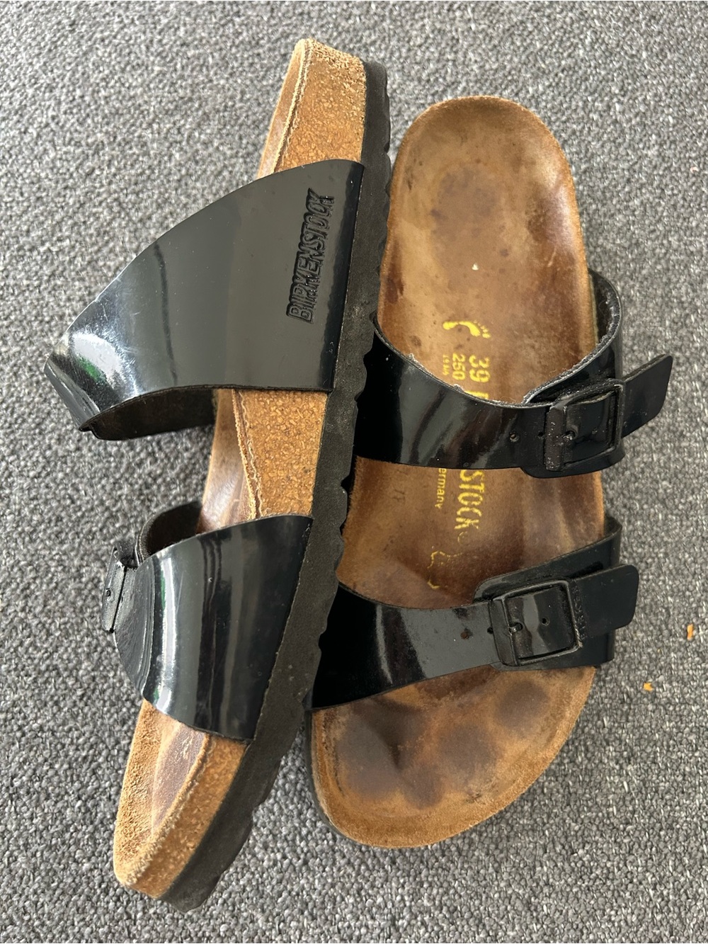 39 Birkenstock Arizona Black Patent Two-Strap Sandals
